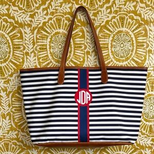 Barrington St. Anne Navy/White Stripe Leather Trim Large Tote Monogrammed AS-IS